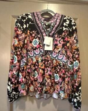 Hale Bob Floral Print Long Sleeve V-Neck Top